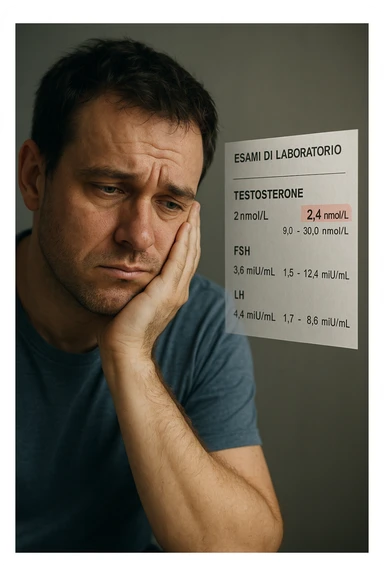 Un uomo caucasico di 35-45 anni, in CGI fotorealistico, che mostra i segni fisici ed emotivi di un basso livello di testosterone. aggiungere un referto medico semi-trasparente fluttuante accanto a lui, con valori di testosterone evidenziati in rosso. in italiano sticker