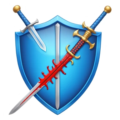 shiny vibrant blue heater shield with a vertical sword behind it, blood effect on the sword, apple emoji style sticker