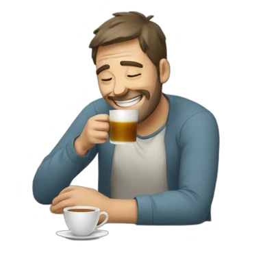 Tired man happily drinking morning tea sticker