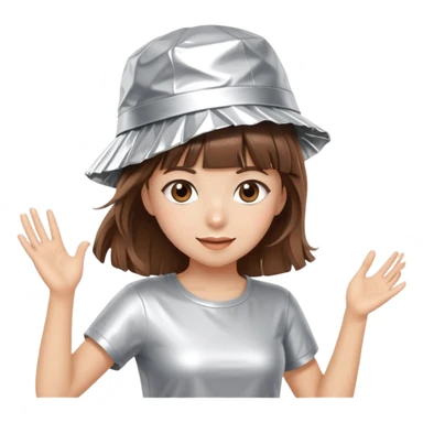 Brown hair girl with bangs wearing tinfoil hat and doing a dance sticker