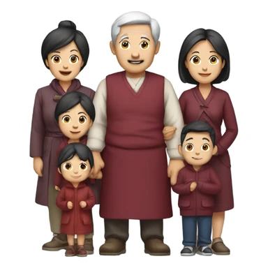 Middle-aged smiling Asian family of 6 with burgundy outfits sticker