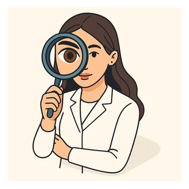 Edit the image of a female doctor with dark long straight hair and detailed brown eyes (not just dots). She wears a white coat. The style is 2D isometric with a minimalist background. The doctor is facing forward, looking directly at the camera through a magnifying glass. One eye is enlarged and distorted like a fisheye lens. sticker