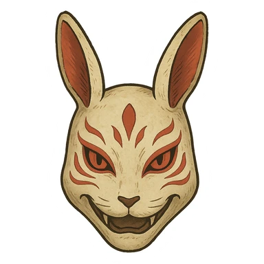 ghibli style evil white rabbit mask with red accents, intricate details sticker