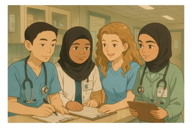 Four student nurses working together in a hospital setting, diverse and collaborative, warm and friendly atmosphere, wearing medical uniforms, soft colors, detailed background, inspired by the four reference faces, Ghibli style illustration. sticker