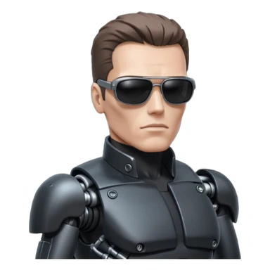 Schwarzenegger-like Terminator, upper body only, wearing his iconic clothes in black (all clothes must be black), looking more human with minimal robotic details, and wearing dark sunglasses, view from the side sticker