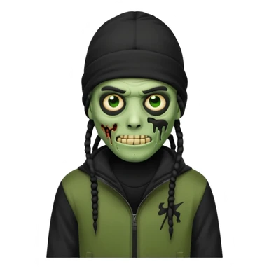 a zombie emoji with black dreads and a black nike jacket and black nike ski mask on his head sticker