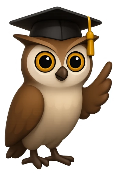 В стилистике эмоджи сгенерируй сову, со шляпой выпускника университета, крылом она мудро показывает вверх, чтобы она своим видом иллюстрировала мудрость и опыт, прозрачный фон sticker
