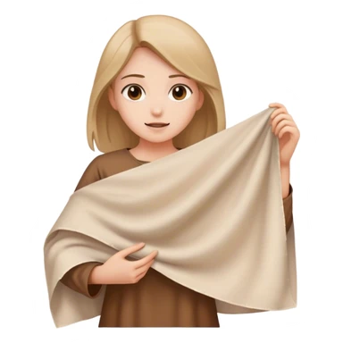girl in brown tunic holding a large white piece of cloth sticker