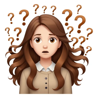 Confused girl with long brown hair surrounded by floating question marks elegant cute  sticker