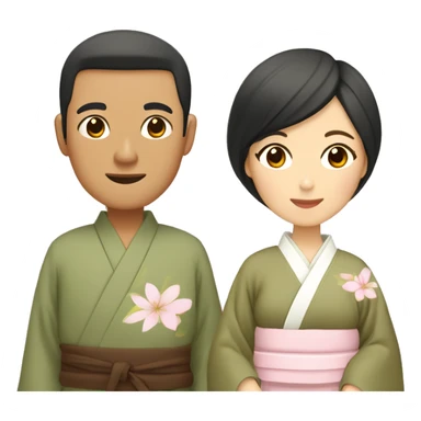 asian couple in kimono - man wearing plain olive green with brown outside and beige fabric belt, woman wearing light pink with pastel florals sticker