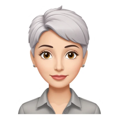 Puerto Rican actress Marian Pabón with elongated face, light pinkish skin, almond-shaped expressive eyes, straight nose, well-defined lips with wide smile, arched eyebrows, pronounced cheekbones, short spiky gray hair like a man's cut, wearing a white buttoned shirt sticker