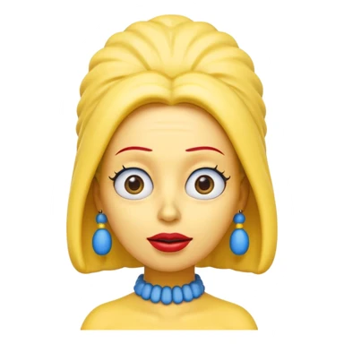 3D emoji head-only, smooth plastic, soft studio light, big round eyes, bold outline, centered, transparent bg,
Marge Simpson, yellow skin, tall cylindrical blue beehive hair, red bead necklace, overbite, no earrings, no eyelashes, no blonde hair sticker