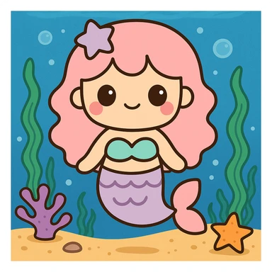 Add an underwater themed background to the pink-tailed mermaid while preserving the cute and colorful style. sticker