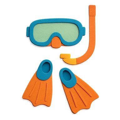 snorkel and flippers arranged as a flat lay with bright colors in paper-craft style sticker