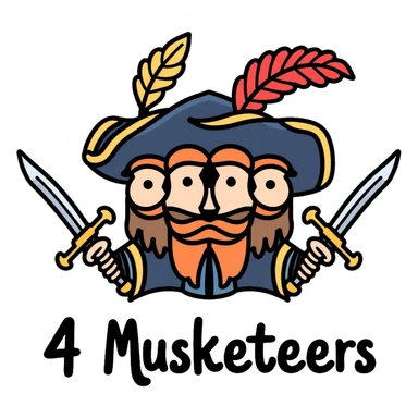Four musketeers with feathered hats and swords with the text "4 Musketeers" sticker