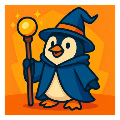 a penguin dressed as a wizard, with a pointy hat and a magic staff, charming colorful style sticker