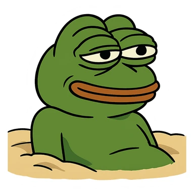 3D Pepe the Frog resting on the sand at the beach, transparent background, PNG sticker