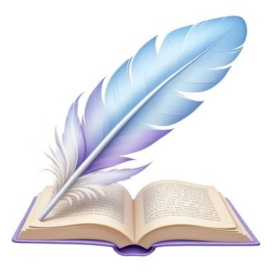 Create a delicate and poetic emoji representing poetry. The design should feature several elegantly flying pages with short poetic columns written on them. The pages should appear light and flowing, almost as if being carried by the wind. Include a white feather gently resting on the pages, symbolizing creativity and inspiration. Use soft, pastel tones like light blues, purples, and creams to give it a dreamy, artistic feel. The design should feel ethereal and whimsical, capturing the essence of poetry. Make the background transparent. sticker