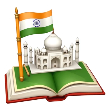 An icon featuring the Taj Mahal and the flag of India, symbolizing the Hindi language. The design includes an open book with Hindi script and a traditional Indian flute, representing language learning and cultural richness. Transparent background highlights the heritage of India. sticker