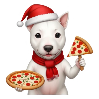 White bull terrier with a Christmas Hat, and a red scarf holding a pizza  sticker