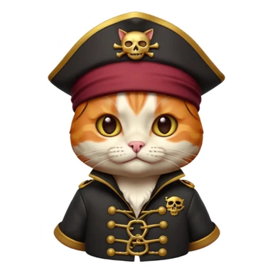Premium 3D emoji icon of a cute ginger cat pirate, wearing a **burgundy red** pirate hat with a gold skull icon, and a black and gold captain's jacket. Glossy finish, claymorphism style, soft studio lighting, isolated on white background, 8k resolution, stylized professional look --v 6.0 sticker
