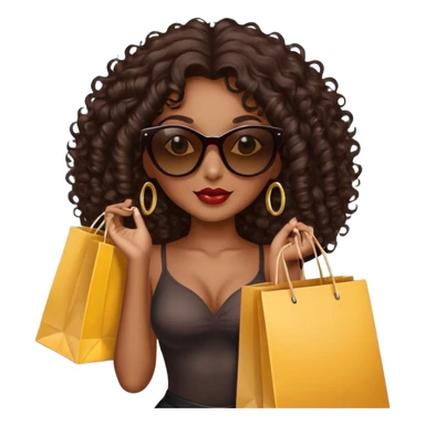 Rich dark brown girl with dark brown mid-length curly hair expensive retail shopping bags and sunglasses sticker