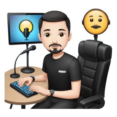 a setup of a youtuber, white skin, thin goatee, black short hair, with a desktop pc on a table, a gaming chair, microphone, ring light sticker