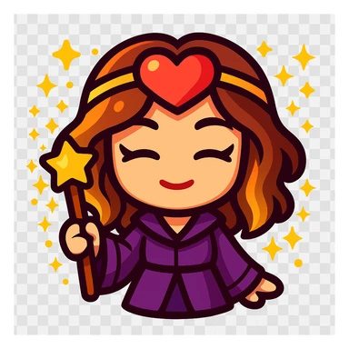Transform this person into a cute chibi-style sorceress emoji with a heart-shaped headband and sparkly magical aura. Vibrant colors sticker