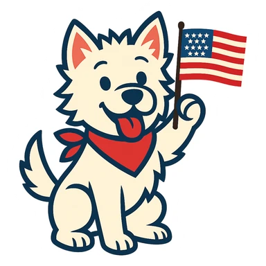 happy Westie dog waving a small US flag, energetic patriotic, vibrant toon style sticker