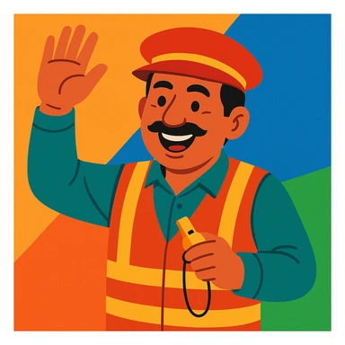 Pakistani bus conductor waving hand, wearing cap and vest, cheerful expression, holding whistle, colorful style, South Asian features, minimal background sticker