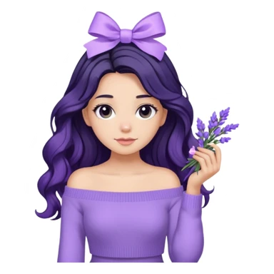Girl with black wavy long hair and a lavender ribbon hair clip beside it make it look like wearing a lavender off shoulder sweater  sticker