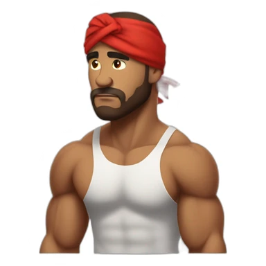 muscular man in red bandana standing sideways turns his head to face the viewer,his hand is bent in the elbow,torso sticker