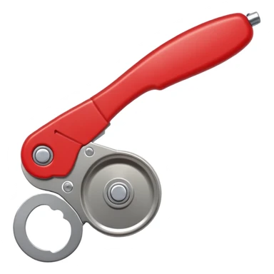 kitchen can opener tool with red handle and metal cutting wheel sticker
