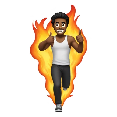 a man running with black hair and his thumbs up with fire behind him sticker