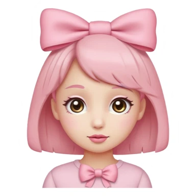 Cute coquette emoji, round face, big sparkling eyes, soft blush on cheeks, small pink bow on top of the head, pastel colors, simple vector style, transparent background


 sticker