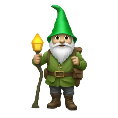 Garden gnome stand with a stick and a latern wearing a green hat sticker