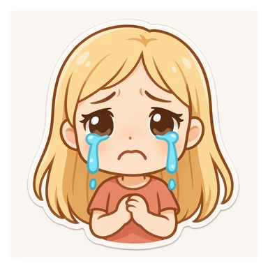 cute animated young girl with long blonde hair, fair skin, large sad eyes, cartoon blue tears streaming down her face, deeply upset, crying, frowning mouth, plain white background sticker