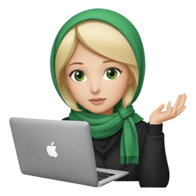 blond women skine , with green eyes , with scarf hijab , heid the hair, with macbook sticker