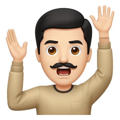 A screaming white emoji man with sideswept black hair, a rectangular mustache, lifting up his right arm with an open palm sticker