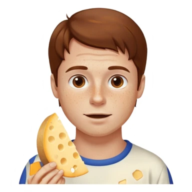 Man with brown hair and white skin with freckles, eating cheese sticker