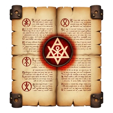 Ancient scripture page burned at the edges, cursed runes glowing faint red sticker