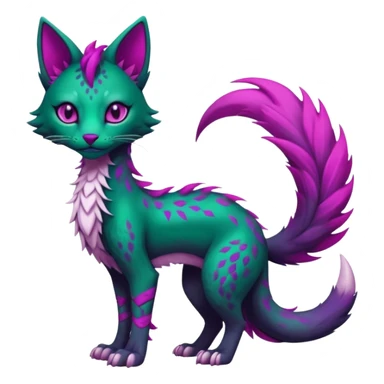 Kawaii dark edgy gloomy dark green ethereal feline-vernid-sergal-fursona animal creature with a tufted tail full body with intricate markings with magenta eyes sticker