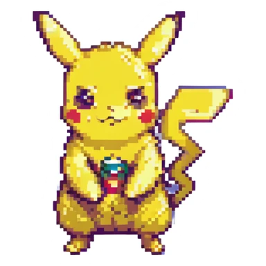 classic pose Pikachu, bright colors, pixel art style sticker