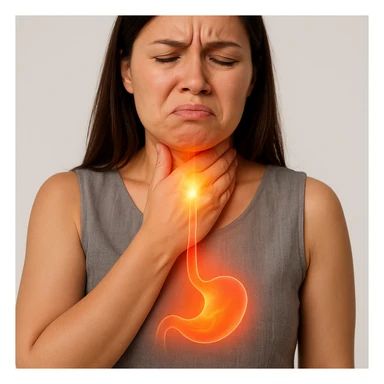 Realistic medical style image of a woman identical to the reference photo, hand on throat, expression of burning sensation, with a glowing or shining effect rising from the stomach to the esophagus. sticker
