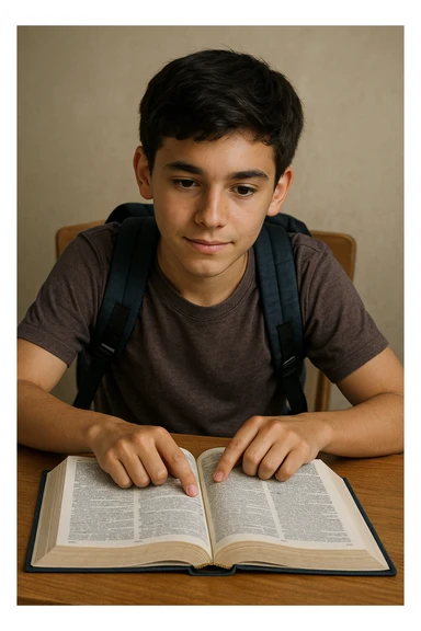 A student with a backpack, sitting at a desk, focused on an open English dictionary, hopeful expression, eager to improve, no speech bubbles or text sticker