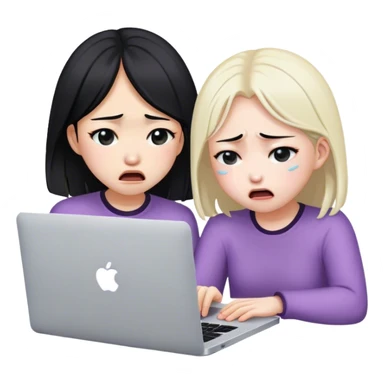 two asian girls crying in front of macbook sticker