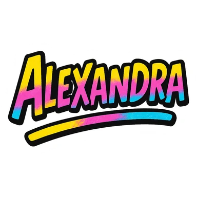 Alexandra name in modern colorful gradient font with dark outline, dynamic slanted or partial underline, transparent background, in the style of reference patterns sticker