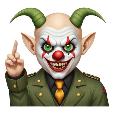 evil clown, bald, short goat horns on forehead, fangs, pointed ears, black and military green leisure suit, battle-ready fighting posture sticker