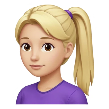 Blond woman with pony tail and purple shirt sticker