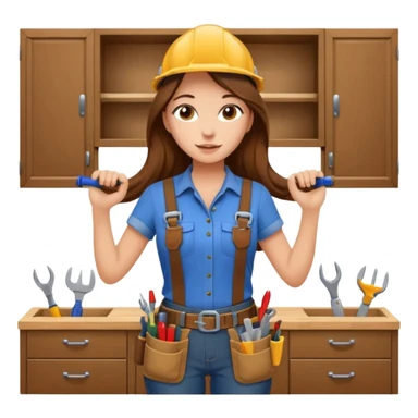 beautiful girl with long brown hair constructing new kitchen cabinets sticker